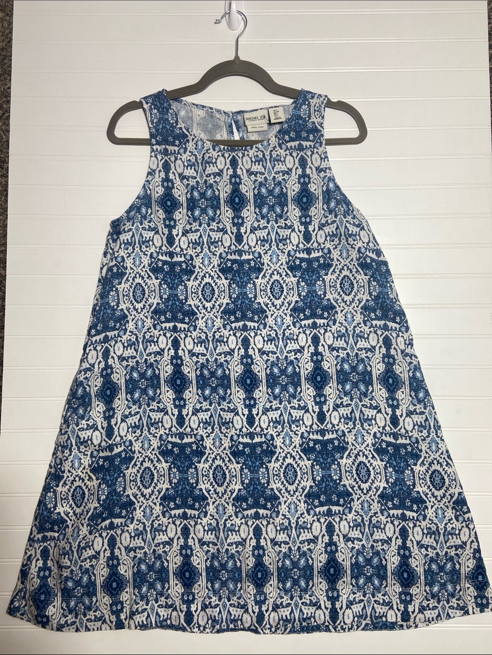 Rachel Zoe 100% Linen Trapeze Dress size M Blue White Geometric Print‎ Pockets